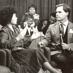 Ruby Iwamasa and WJRT's Joel Feick (circa 1970s) on Delta College's WUCM TV-19