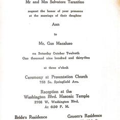 Gus & Ann Macaluso Wedding invitation