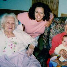 Four generations: Altita (great grandma), Adrianne (mom), Ruth (grandma) and Ally (daughter) on Gma lap spring of 2004