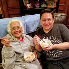 Ruth and her son in law, Scott, eating her favorite ice cream, Butter Pecan