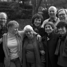 L to R -- Claire, Dan, Amie, Bronia, Ruthie, Ruthy, Alex, Debbie, Sandy -- celebrating Bronie's birthday at Bethel, February 1991.