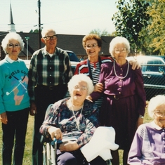 Ruth with rothers and sisters. (L. - R.) Ann Amundsen, Ray Kilgore, Eileen Lovell, Ruth, Gladys Villines, sister-in-law Eulaa Kilgore.