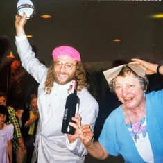 Dancing with nephew Mick at grandnephew Jason's Bar Mitzvah (May, 1997)
