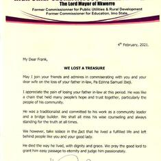 Condolence Letter from High Chief Uzoma Nwosu-Iheme
