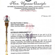 Letter of Condolence from Hon. Ugonna Ozurigbo