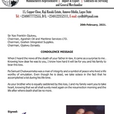 Condolence Message from Sir Nze Casmir Ojukwu
