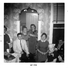 9/21/1956 Arlene Barr's 16th birthday: Sara (partially cut off), Sam, Rose "Bubba", Ida, Mary, Catherine "Mima", Joe