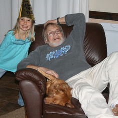 New Year's Eve 2008, on the leather chair with grand daughter Claudia and dog Jasper.