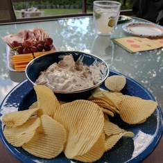 Classic Sarah entertaining. Williams family recipe clam dip, cheese (Wisconsin of course) and beverage.