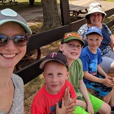 Niece Biz and sons Kirk, Braedyn and Tate with Aunt Sally, July 2018 on annual pilgrimage from Minnesota.