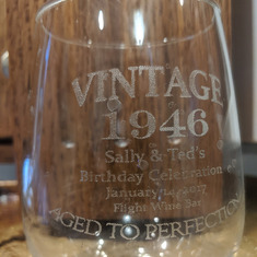 70th Birthday party wine glass designed by niece Biz