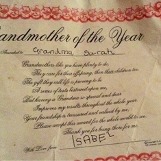Grandmother of the Year Award from Grand-daughter Isabel (Hannah)