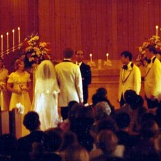 Pastor Sen Wong officiating at the wedding of Bruce and Barbara Perkins (June 7,1975)