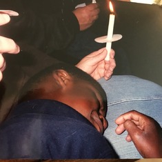 7 years old fell asleep on my lap at a candlelight service. The thumb just came out of his mouth.