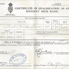 Charles joined the Merchant Navy as a galley boy and then slowly made his way up through the ranks to a bosun. This is his deckhand certificate.