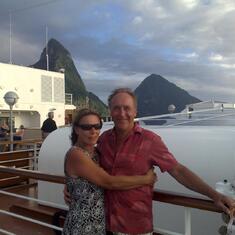 An evening in St Lucia with the Pitons behind us, happy days.