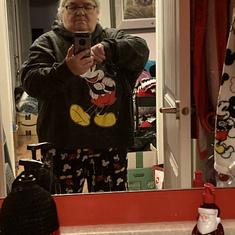 Me Shawn's Mom in Shawn's Favorite  Mouse Clothes.   Mickey Mouse Leggings and a Mickry Mouse Hoodie