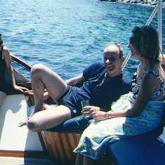 Shirley, Dave and my mom on our boat the Flora in Greece