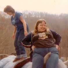 Shirley and Peggy (on a cow)