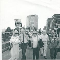 2004 health care march, Boston. L to R: friend Neva Fowler, Sid, Sandy, Debbie's husband Bob, Debbie