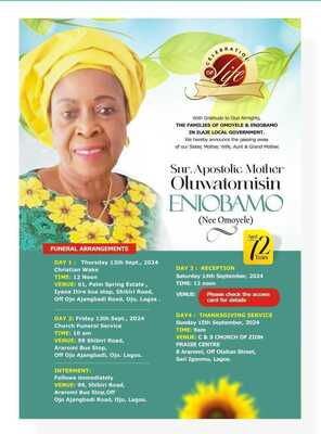 Snr Apostolic mother Oluwatomisin Nee Omoyele Eniobamo