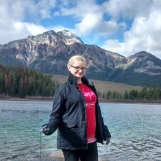 Stacey on a mountain trip to Elizabeth lake in Jasper National Park, Canada