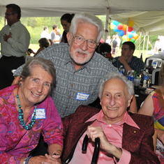 Friends Sybille, husband Professor Hellmut Fritzsche, and Professor Lillian Hoddesson, Stan's biographer, surround him at his 90th birthday celebration in September, 2012.