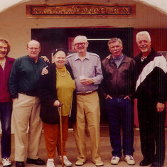 Stan,Roger,Nancy,Bob,Mac, Greg 200 yrs in about '98. Add another hundred. Stan made the sign above us for NCAC and planted the little palm on the east side of the parking lot.
