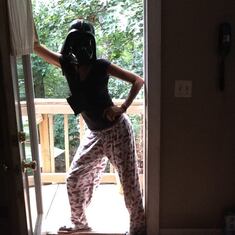 Stephanie being silly with the Darth Vadar mask