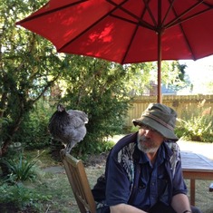 Stef in his favorite hat with Betsy the chicken