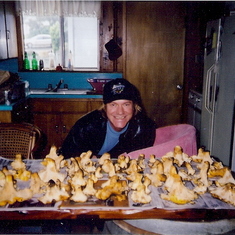 Steve with harvest of Hearst Ranch Chantrelle mushrooms.  Late 90's.