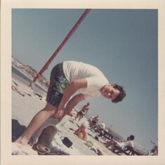 May, 1968 our senior play day at the Newport Dunes. Steve in his fashion swim trunks!