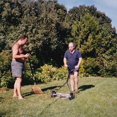 Stuart & Tony Brown taking exercise in the garden....