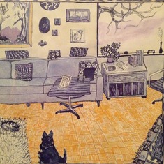 Sketch of the living room with incredible details of the art all done from memory by Ellie