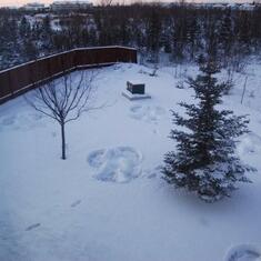 Brother Joe makes snow angles in Sue Ann's back yard for her to see outside her bedroom window