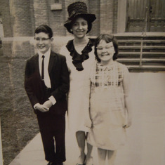 Johnny Hoefler, Mrs McDaniels, Sue Ann outside church