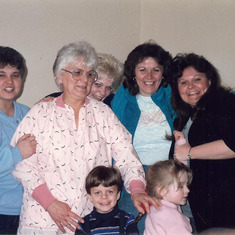 Sister Peg, Mom, Cousin Loretta, Cousin Deb, SueAnn, Deb's son Michael and Loretta's daughter Alexis    (Mom's 50th Birthday ~ 1988)