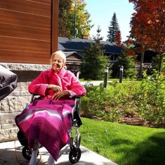 Mom, on the patio of her hospice room. October, 2019.