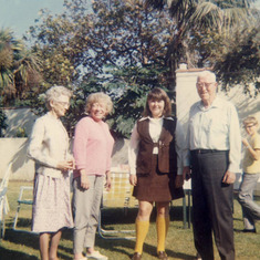 Party in Aunt Betty's backyard in Santa Monica.  Grandma Burke, our Mom, Za and Grandpa Burke.  Jimmy Burke in the background.  About 1965.