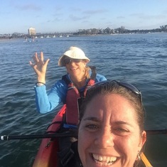 Susan and Kirsten kayaking in Mission Bay.