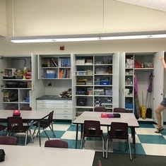 Susan in her classroom at Silver Strand. What supplies! 