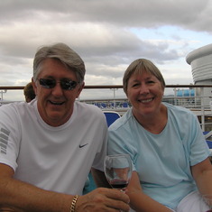 Steve and Suzanne topside departing Cabo 2005 on Sapphire Princess