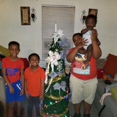 At Tim'mesha house. The grands fix the tree. Tim made the tree. tomato stake