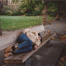 funny picture, Teresa taking a nap in James Park, London.
