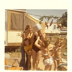 Terre camping with cousins Pam, Debbie & Sandi with Aunt Virgina (with a pot on her head)