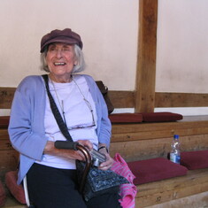 Mom waiting for a performance at The Globe Theatre, London, 2012