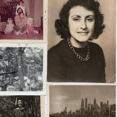 Christmas at 210 N. Wallace; Thelma's college photo; Thelma camping with our wing tent; graduation; Staten Island Ferry