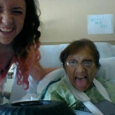 Katie and Grandma in hospital goofing off