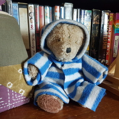 Paddington in the coat Teddy helped me make as a child.