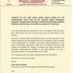 TRIBUTE TO THE VERY REVD. BARR. CHIKE NWIZU BY MANAGEMENT AND STAFF OF DR. NLOGHA OKEKE FOUNDATION 